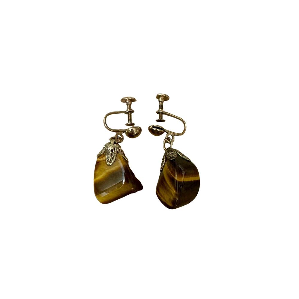 Vintage Brown Tiger Eye Gemstone Drop Clip Earrings